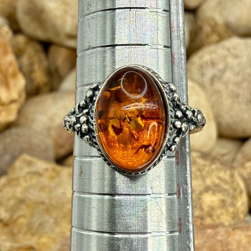 Vintage Cognac Baltic Amber Sterling Silver Filigree Ring Size 6